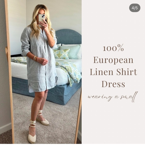 Quince Dresses & Skirts - Quince 100% Linen Shirt Dress Button Down Sz  XS Pinstripe Blue White NEW